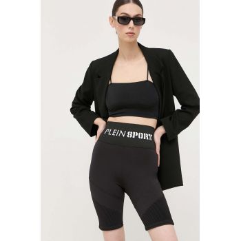 PLEIN SPORT pantaloni scurti femei, culoarea negru, cu imprimeu, high waist