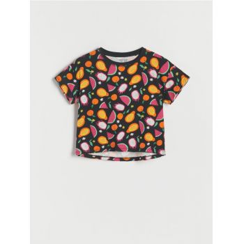Reserved - Tricou din bumbac cu model cu fructe - negru