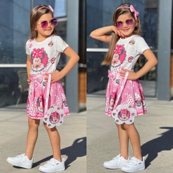 Compleu Love Minnie, Roz, 4 Piese, Fusta, Tricou, Bentita si Gentuta, Pentru Fetite, 3-8 ani Compleu Love Minnie, Roz, 4 Piese, Fusta, Tricou, Bentita si Gentuta, Pentru Fetite, 3-8 ani