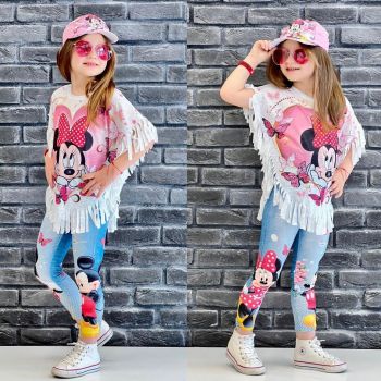 Compleu Minnie Mouse, Roz, 3 Piese, Tricou, Colanti si Sepcuta, Pentru Fetite, 3-8 ani