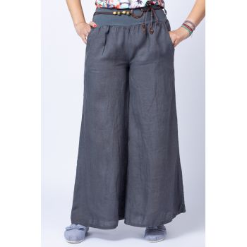 Fusta pantalon gri casual, din in, cu o curea fancy