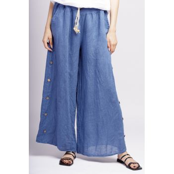 Pantaloni largi de vara, din in, cu nasturi pe laterale, albastru jeans