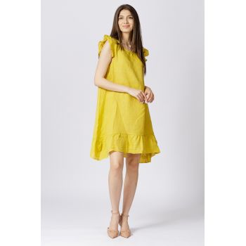 Rochie de vara cu volanas, din in, galbena