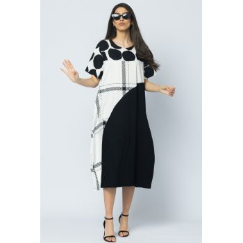 Rochie lunga alb-negru cu buline, din poplin de bumbac