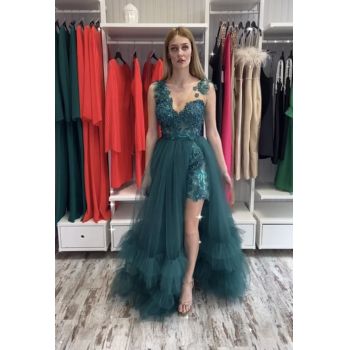 Rochie lunga din tull verde cu broderie florala 3D si perle