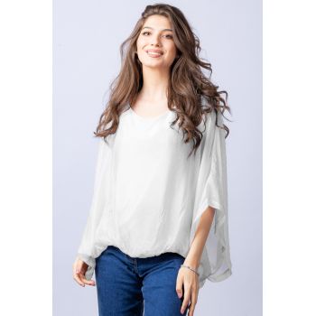 Bluza alba din matase naturala cu maneca fluture