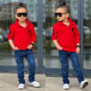 Compleu Rosu, Pentru Baieti, 2 Piese, Bluza cu Maneca Lunga si Blugi, 5-12 ani Compleu Rosu, Pentru Baieti, 2 Piese, Bluza cu Maneca Lunga si Blugi, 5-12 ani