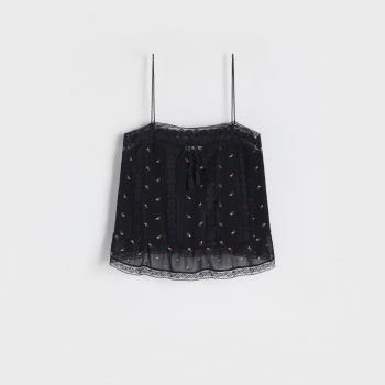 Reserved - Top cu broderie florală - Negru