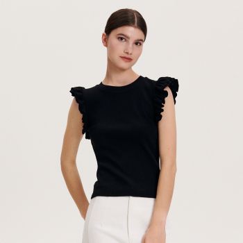 Reserved - Tricou slim fit cu volane - Negru