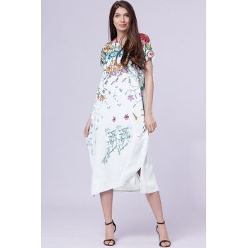 Rochie lunga din in cu imprimeu pictural floral si funda pe spate, pe fond alb