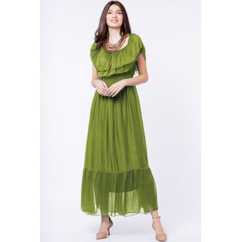 Rochie lunga, verde olive, din matase naturala, cu volan pe umeri