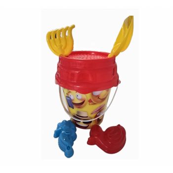 Set 6 jucarii de nisip pentru copii, BurakToys, cu galetusa, lopatica, grebla, sita si 2 forme, Desene Multicolor