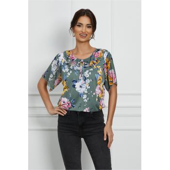 Bluza Isabela kaki cu flori galbene si maneci scurte
