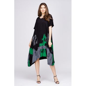 Rochie A-line in colturi si imprimeu pictural verde