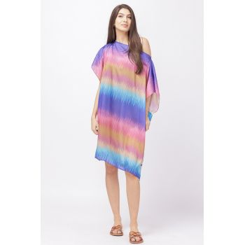 Rochie de plaja tip poncho din matase cu imprimeu curcubeu albastrui de firma originale