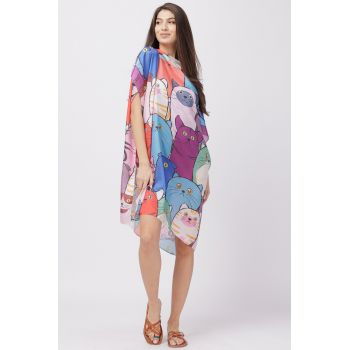 Rochie de plaja tip poncho din matase cu imprimeu pisici multicolore ieftina