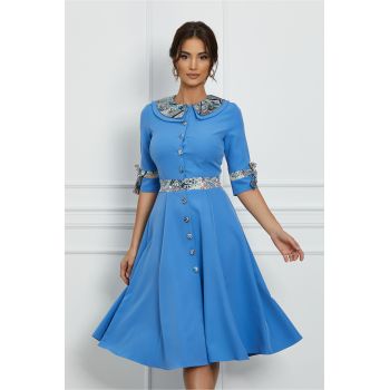 Rochie Dy Fashion bleu cu imprimeu si nasturi