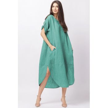 Rochie lalea oversize din in cu buzunare si crapaturi laterale rotunjite, turcoaz