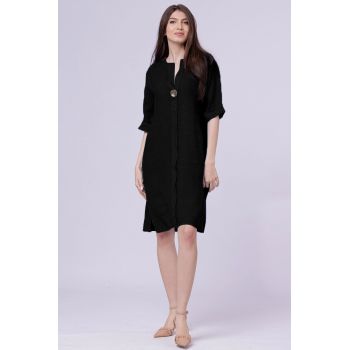 Rochie tunica din in neagra, cu nasture metalic decorativ