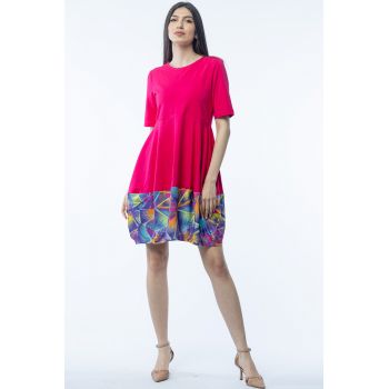 Rochie lalea din bumbac fucsia, cu imprimeu la poale