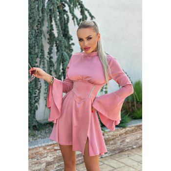 Rochie Eleganta din Satin, cu Brau Tip Corset Accesorizat cu Pietre, Louisiana, Roz Pudra