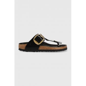 Birkenstock slapi de piele Gizeh femei, culoarea negru, cu toc plat, 1021469
