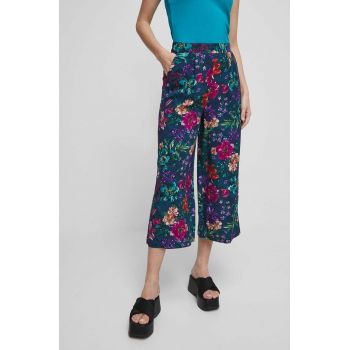 Medicine pantaloni femei, culoarea turcoaz, fason culottes, high waist