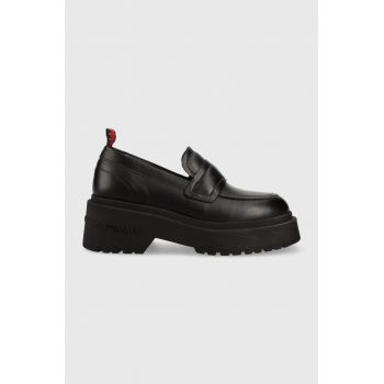 Tommy Jeans mocasini de piele TJW AVA LOAFER femei, culoarea negru, cu platforma, EN0EN02218