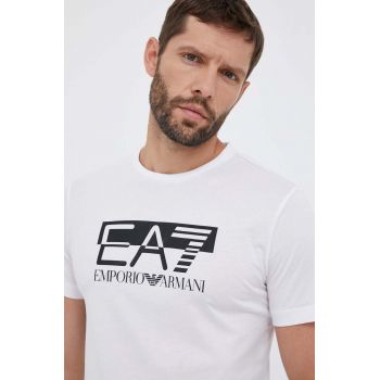 EA7 Emporio Armani tricou din bumbac culoarea alb, cu imprimeu