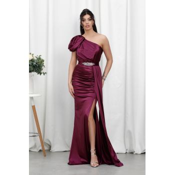Rochie de ocazie din licra satinat tip one shoulder Perfection Magenta