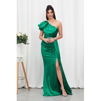 Rochie de ocazie din licra satinat tip one shoulder Perfection Verde Deschis ieftina la reducere