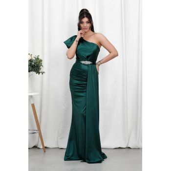 Rochie de ocazie din licra satinat tip one shoulder Perfection Verde ieftina la reducere