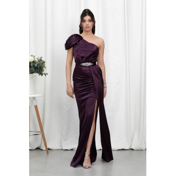 Rochie de ocazie din licra satinat tip one shoulder Perfection Violet