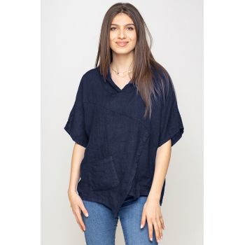 Bluza bleumarin asimetrica din in, cu gluga