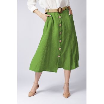 Fusta A-line din in, cu nasturi si o curea fancy, verde olive