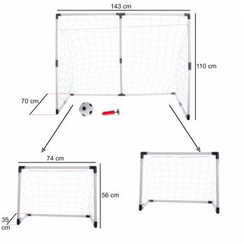 Poarta de fotbal pentru copii, Ikonka, 2 in 1 cu Minge si Pompa incluse, dimensiune 143 x 110 x 70 cm