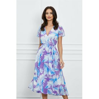 Rochie Dana mov cu imprimeuri bleu si cordon in talie