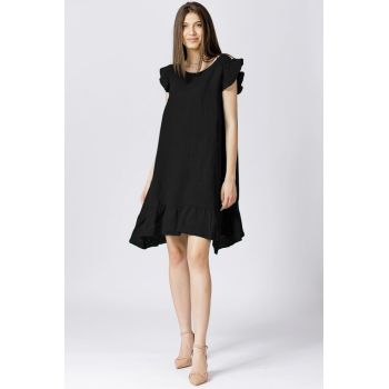 Rochie de vara cu volanas, din in, neagra