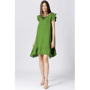 Rochie de vara cu volanas, din in, verde olive