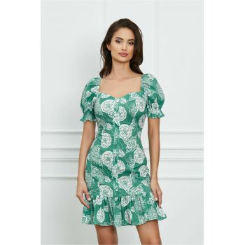 Rochie Dora kaki cu imprimeuri florale albe si nasturi decorativi