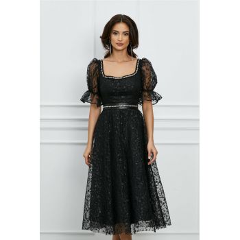 Rochie Ella neagra cu glitter si curea in talie