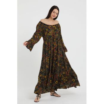 Rochie lunga Madonna cu imprimeu predominant kaki, cu 4 volane, din vascoza