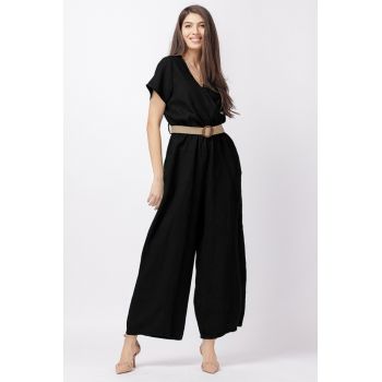 Salopeta de vara, din in, cu bust petrecut si curea, neagra