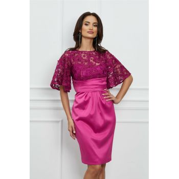 Rochie Dy Fashion magenta din tafta cu dantela florala la bust la reducere