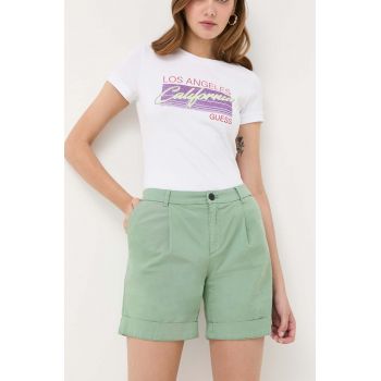 BOSS pantaloni scurti femei, culoarea verde, neted, medium waist