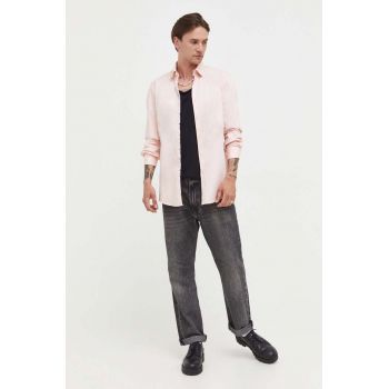 HUGO camasa din bumbac barbati, culoarea roz, cu guler clasic, slim de firma originala