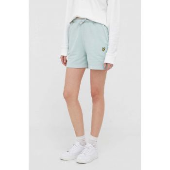 Lyle & Scott pantaloni scurti din bumbac culoarea turcoaz, neted, high waist ieftini