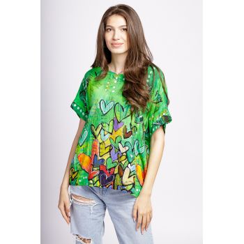 Bluza din vascoza cu imprimeu inimi pe fond verde Bluza din vascoza cu imprimeu inimi pe fond verde