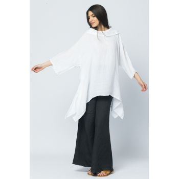 Bluza lunga in colturi, din in, cu gluga, alba