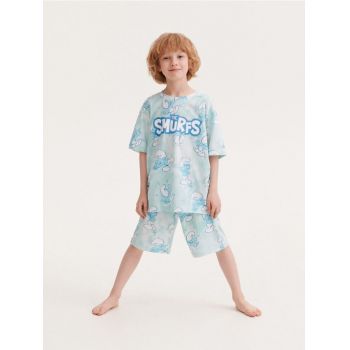 Reserved - Set pijama The Smurfs, din bumbac - albastru-pal ieftina